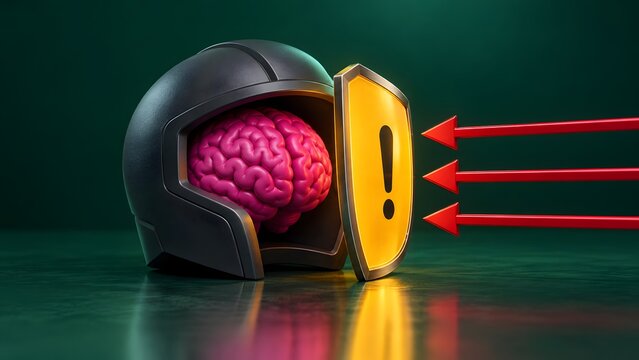 3D concept of a human brain inside a helmet protected by a warning shield from red arrows representing mental resilience and psychological defense