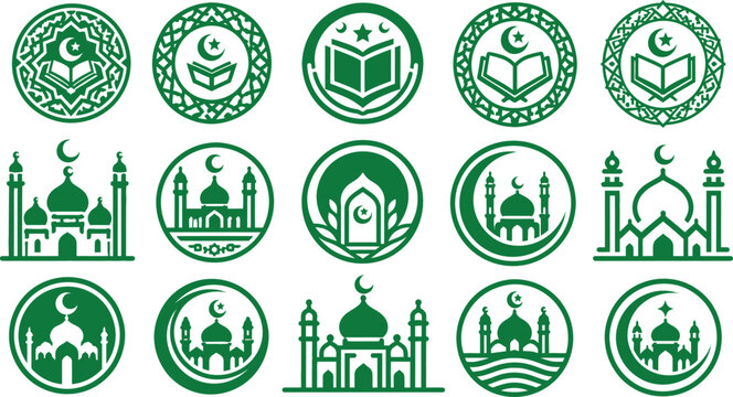 Comprehensive Green Islamic Icon Set Featuring Mosque Silhouettes, Holy Quran Symbols, and Crescent Moon Designs for Ramadan Kareem, Eid Mubarak, and Religious Education Graphic Projects.
