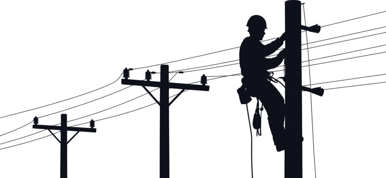 Silhouette of an electrical lineman working on a voltage power pole, repairing transmission lines and cables, isolated on a clean white background for