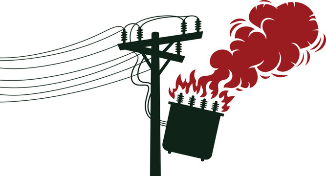 Silhouette of an electrical utility pole with a transformer on fire, emitting red smoke and flames, isolated on a white background, power grid failure concept
