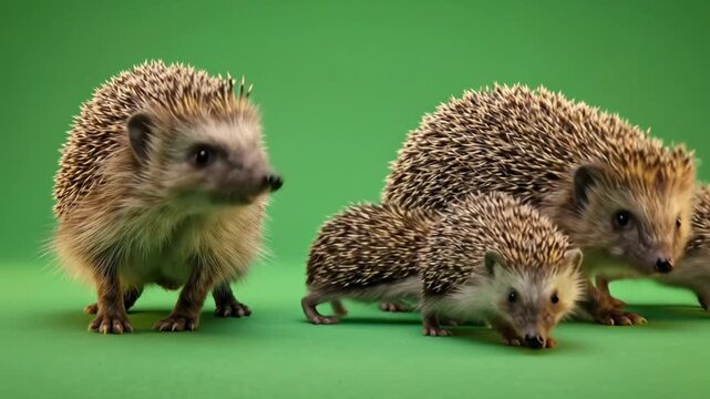 Two hedgehogs foraging on green studio background with natural lighting and copy space