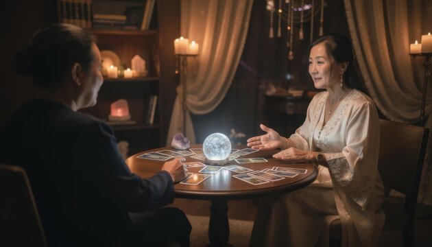 Fortune Teller and Client: A fortune teller gazes intently into a crystal ball, surrounded by tarot cards, as a client seeks guidance in a dimly lit, atmospheric room filled with candles.