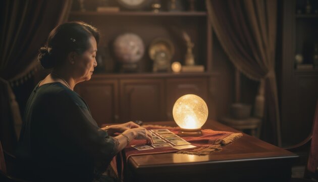 Fortune Teller's Sanctuary: An aged fortune teller sits at a table illuminated by a mystical crystal ball, surrounded by an assortment of occult objects, hinting at secrets and predictions.