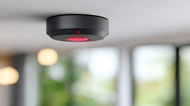 A Modern Black Ceiling Mounted Device with Red Indicator Light Showcasing Contemporary Interior Design Aesthetics and Functional Home Technology