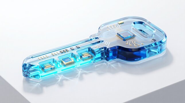 Cryptographic hardware passkey, transparent glass door key embedded with glowing cyan integrated circuits. High tech cybersecurity token safeguards confidential corporate data access security.