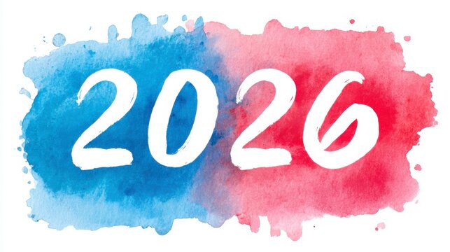 Colorful Watercolor Artwork Featuring the Year 2026 with Vibrant Blue and Red Backgrounds to Symbolize Change and New Beginnings