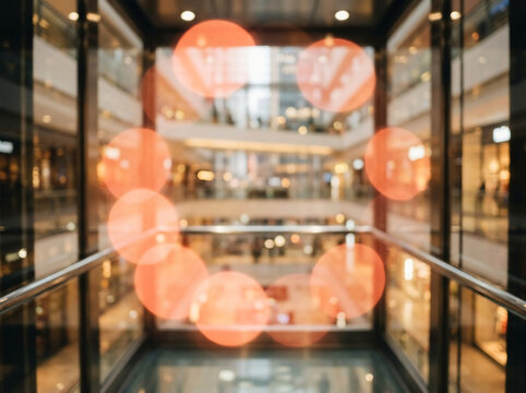Abstract background blur of a modern shopping mall atrium with decorative orange bokeh circles and out of focus architecture for design.
