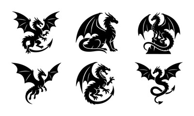 Fototapeta premium Mythical Dragon Silhouettes, Fantasy Creature Vector Icons, Ancient Legend Art Collection