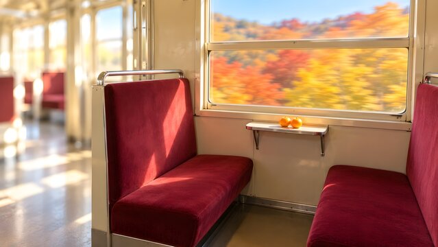 ローカル線のボックス席と車窓に流れる紅葉 えんじ色の座席とみかん 秋の鉄道旅