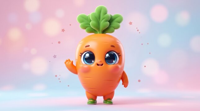 Animated orange vegetable character with green leaf top smiling cheerfully in vibrant pastel studio background