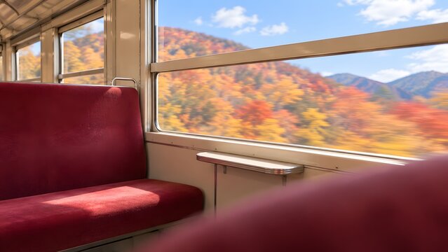 座席の肩越しに見る車窓いっぱいの紅葉の山と青空 ローカル線の秋の旅