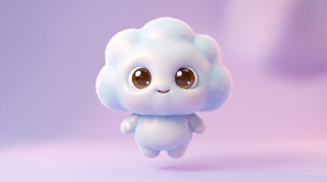 3D animated cloud character with expressive eyes sitting on gradient studio background for digital illustration
