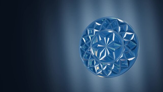 Indigo cut glass disc with a central star and diamond border, shifting reflections and left copy space, seamless 3D loop