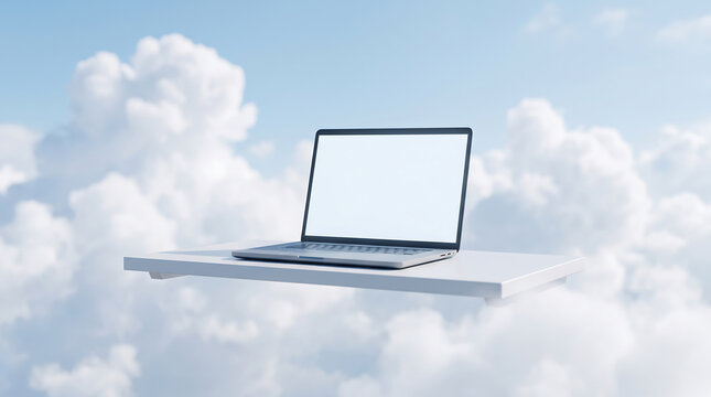 Modern laptop mockup with blank white screen floating on shelf among realistic fluffy clouds in blue sky representing cloud computing technology concepts.