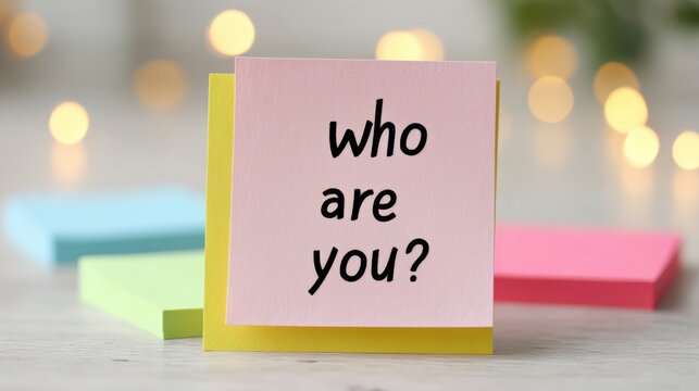 A Vibrant Display of Colorful Sticky Notes Asking the Question 'Who Are You?' Inviting Reflection and Self-Discovery in a Cozy Setting