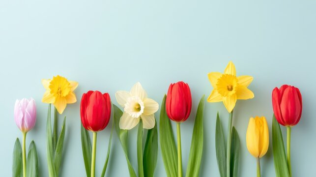 A Vibrant Arrangement of Colorful Spring Flowers Displaying Tulips and Daffodils in Varying Shades Against a Soft Light Blue Background