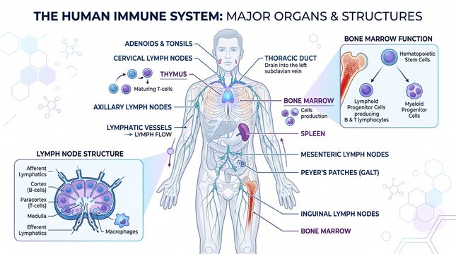 Human immune system diagram highlighting major organs and structures for medical education and presentations