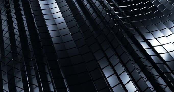 Abstract dark metallic cubes moving in wave pattern with dramatic lighting in black space