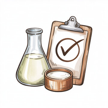 Hand drawn laboratory flask and clipboard with a checkmark on a white background