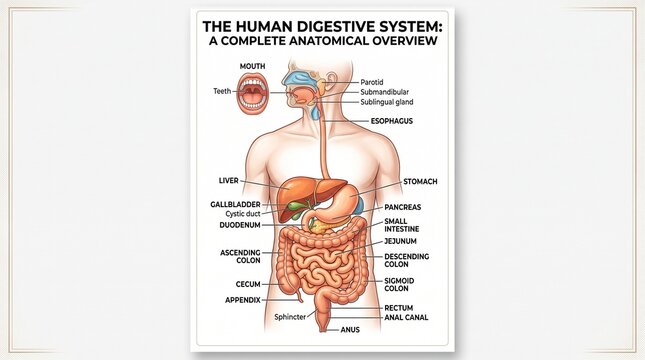 Educational infographic of the human digestive system showing anatomical organs on a white background