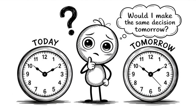 Hand drawn doodle of a thoughtful character comparing today and tomorrow with clocks