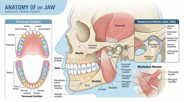 Educational medical infographic showing human jaw anatomy with teeth and temporomandibular joint details