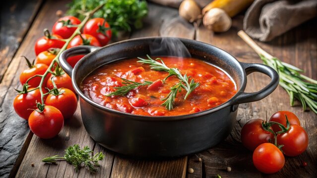Soft golden light dancing across simmering tomato sauce in a black pot as dried herbs gently settle atop