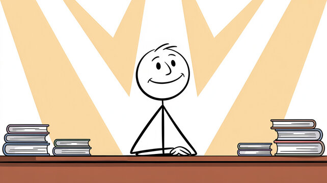 Minimalist stick figure character sitting at a desk with stacks of books in a flat style