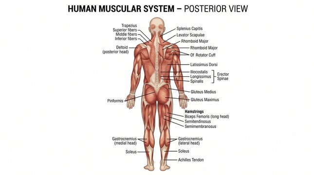 Anatomical chart of the human muscular system showing a posterior view with labeled muscle groups.
