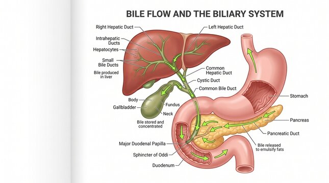 Medical infographic illustration showing the human biliary system and bile flow through the liver