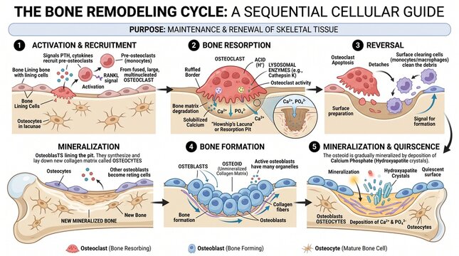 Medical infographic illustrating the sequential cellular process of bone remodeling for educational use
