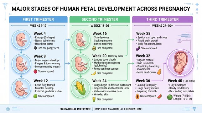 Educational infographic showing major stages of human fetal development across three trimesters