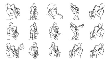 Obraz premium Saxophone Player Collection: Isolated Line Art Illustrations for Jazz Music