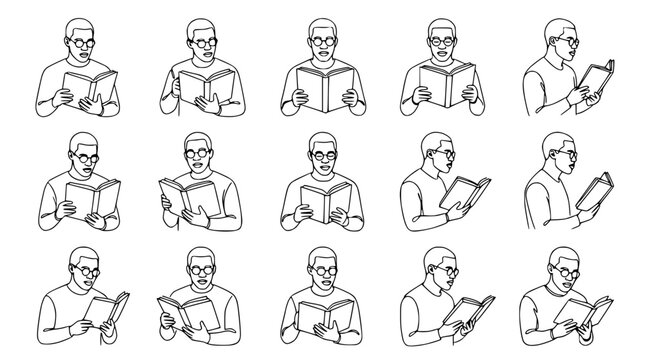 Man Reading Book Collection: Isolated Figures in Various Poses, Line Art