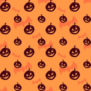 Halloween seamless pattern, dark pumpkin jack o lantern with orange bat shadows backgroun.