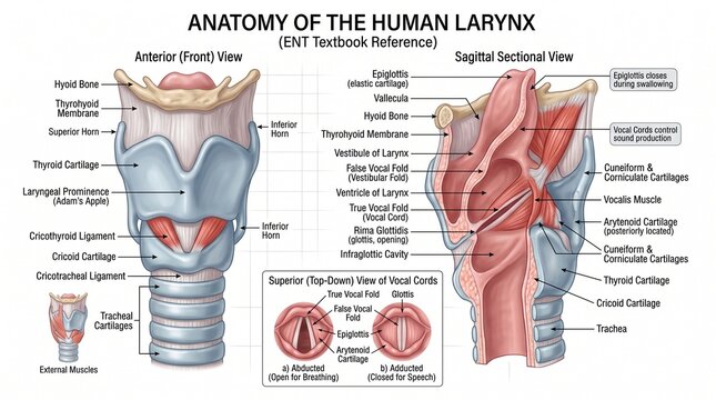 Anatomical diagram of the human larynx cross-section highlighting vocal cords and surrounding structures
