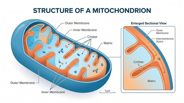 Detailed mitochondrion structure diagram illustrating cellular organelle anatomy for educational and scientific use