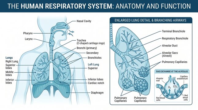 Human respiratory system anatomy diagram illustrating lung function and airflow in medical education setting with labeled parts