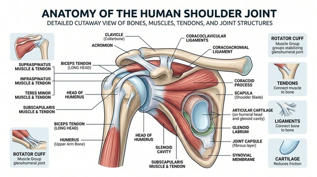 Anatomical diagram of the human shoulder joint showing bones muscles and tendons on white background