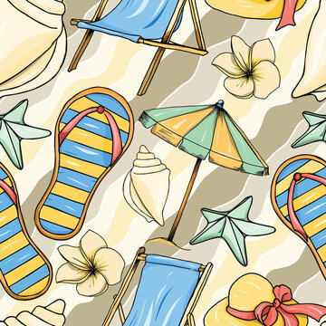 Seamless summer beach pattern with flip-flops, umbrellas, and flowers
