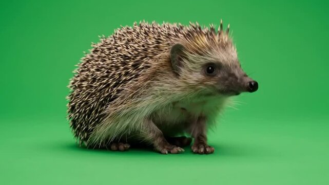 Hedgehog curled up resting on bright green studio background with clean copy space