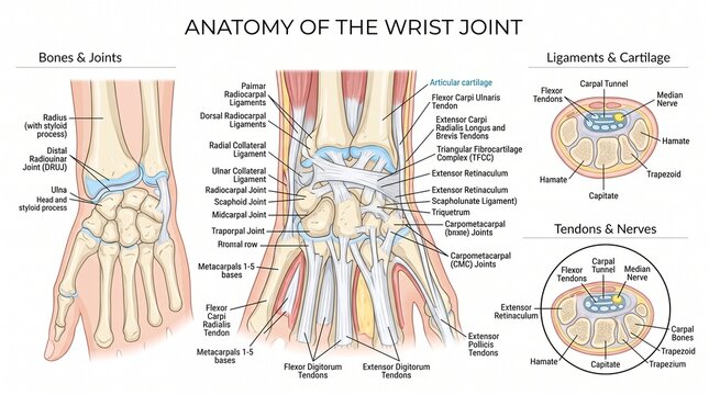 Anatomical illustration of the human wrist joint showing bones ligaments and tendons on white background