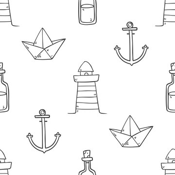 Seamless nautical pattern with anchors, lighthouses, and paper boats