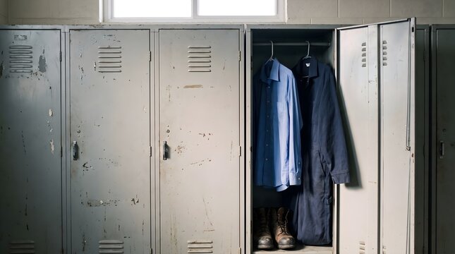 Row of vintage metal lockers with an open door showing worker uniform shirt coat and boots inside a locker room
