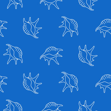 Seamless blue seashell pattern with white outlines for summer design