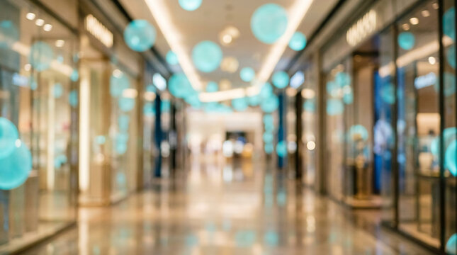 Abstract background blur of a modern luxury shopping mall corridor with elegant glass storefronts and hanging blue decorative globes for design.
