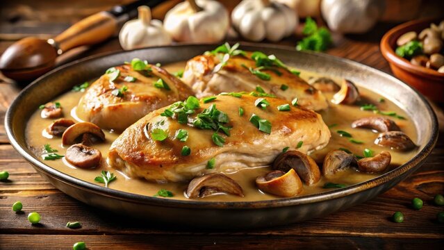 A steaming plate of succulent chicken with sauted mushrooms in a rich golden creamy sauce