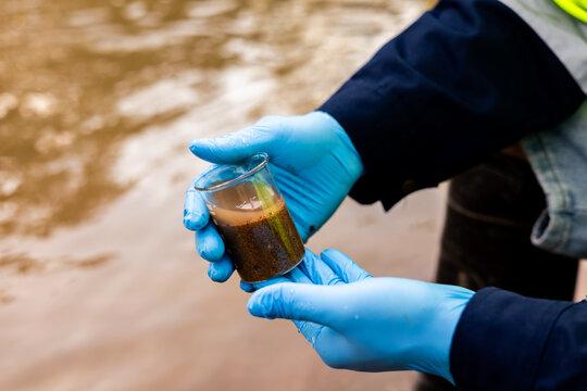Environmental technician collecting river sediment sample for contaminant and heavy metal analysis.