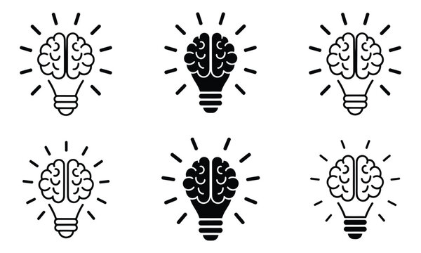 Brain in light bulb icon set for creative ideas, innovation, knowledge, solutions, inspiration, and modern thinking concepts