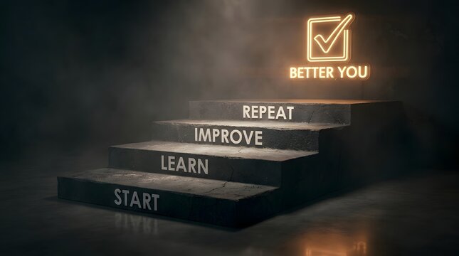 Motivational Staircase to Personal Growth with Neon Better You Sign and Success Progress Steps